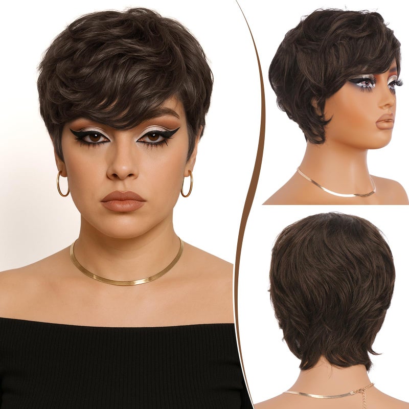 RUWISS Pixie Cut Wig Human Hair  Short Wigs for Black Women with Bangs Natural Layered Wavy Wig Glueless 2